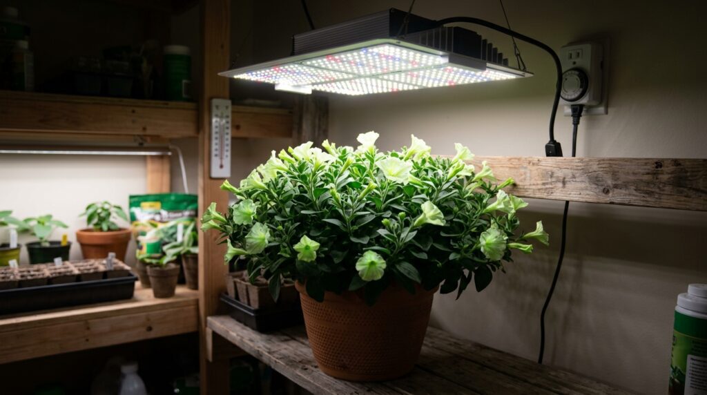 Firefly Petunia plant positioned under a bright full-spectrum LED grow light for maximum nighttime glowing energy.