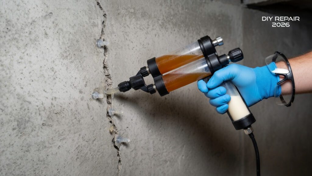 A homeowner using a DIY injection kit to fix a foundation crack, demonstrating the cost-saving alternative to professional repair