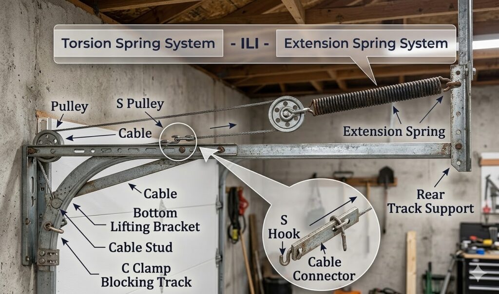A realistic diagram of a garage door extension spring system with labels for pulleys, cables, S-hooks, and the rear track support