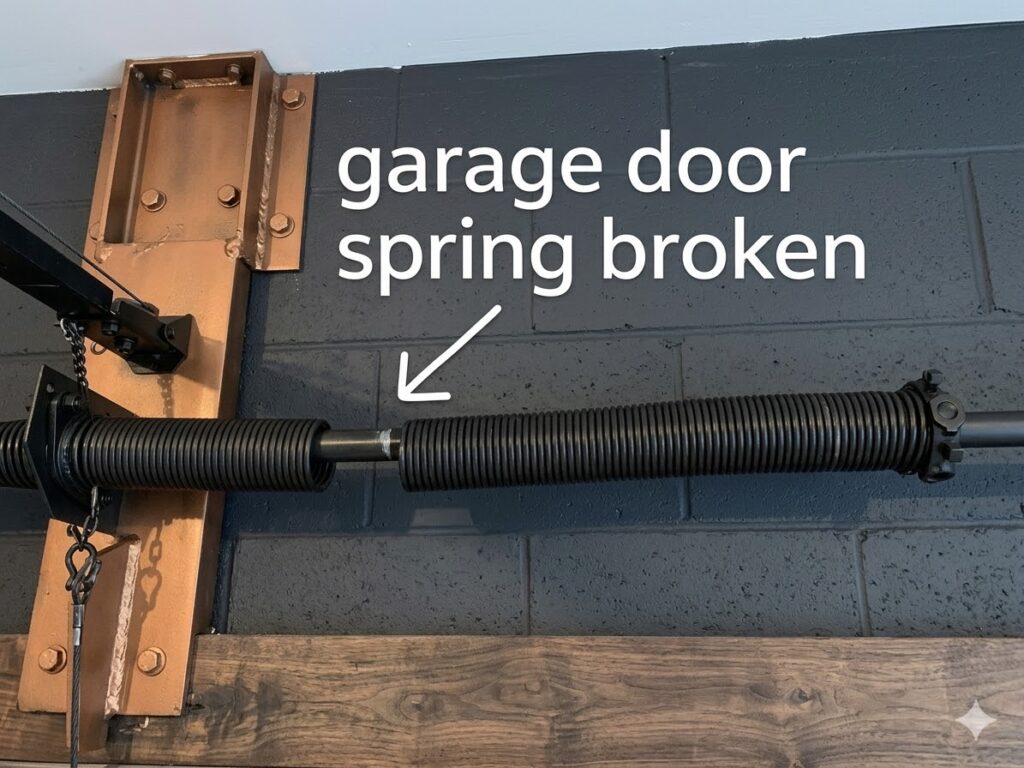 A close-up photo of a broken torsion spring on a garage door system with a text overlay pointing to the gap in the coil.