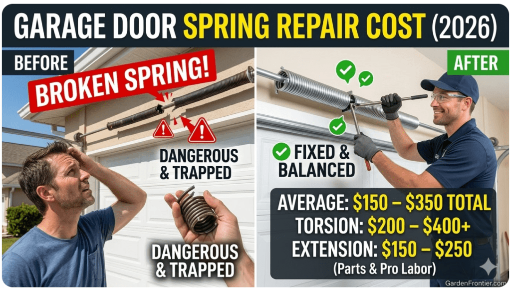 A split image showing a garage door spring repair. On the left, a frustrated homeowner looks at a broken, dangerous torsion spring. On the right, a smiling professional technician safely installs a new spring. Text highlights 2026 average repair costs ranging from $150 to $400 for torsion and extension springs. A split image showing a garage door spring repair. On the left, a frustrated homeowner looks at a broken, dangerous torsion spring. On the right, a smiling professional technician safely installs a new spring. Text highlights 2026 average repair costs ranging from $150 to $400 for torsion and extension springs.