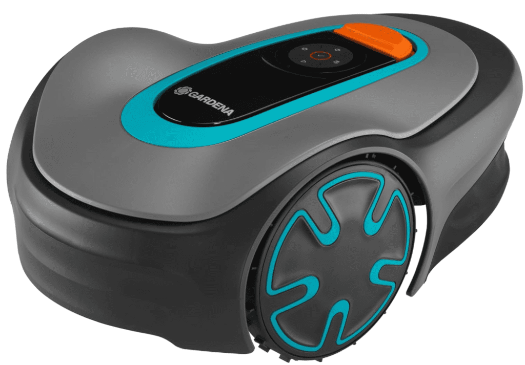 The Gardena SILENO City robotic lawn mower cutting a tiny patch of grass in a fenced-in city yard, chosen as the best compact robot mower for small urban gardens in 2026.