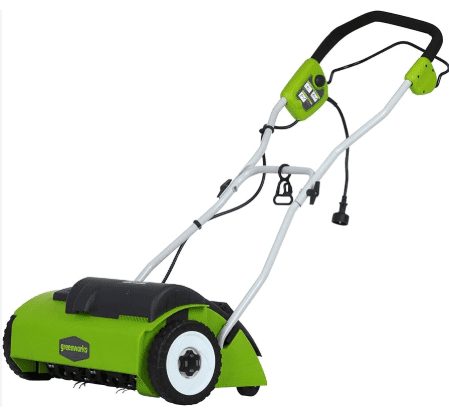 Greenworks 14-inch 10-amp electric dethatcher, top pick for lightweight use and small city lawns.