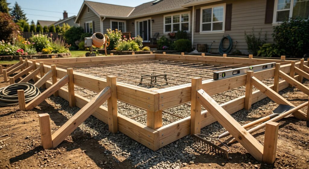 A properly braced wooden concrete form for a backyard patio slab, showing 2x4 lumber, stakes, and a steel rebar grid ready for pouring.