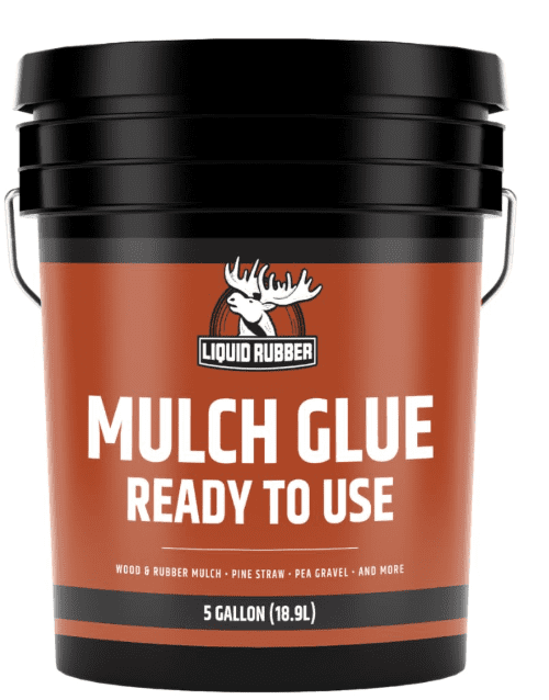 Bucket of Liquid Rubber Mulch Glue, recommended for stabilizing large landscaping areas and preventing washout.
