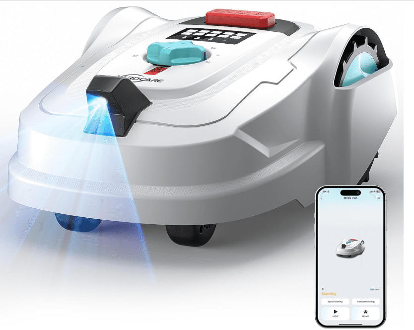 The M800Plus cordless robotic lawn mower using GPS and visual navigation on a small residential lawn, chosen as the top budget wire-free option for 2026