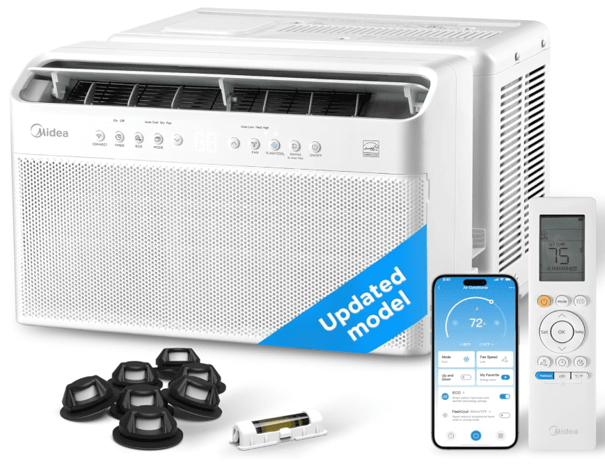 Midea 12,000 BTU U-Shaped smart inverter window air conditioner installed with the window closed through it.