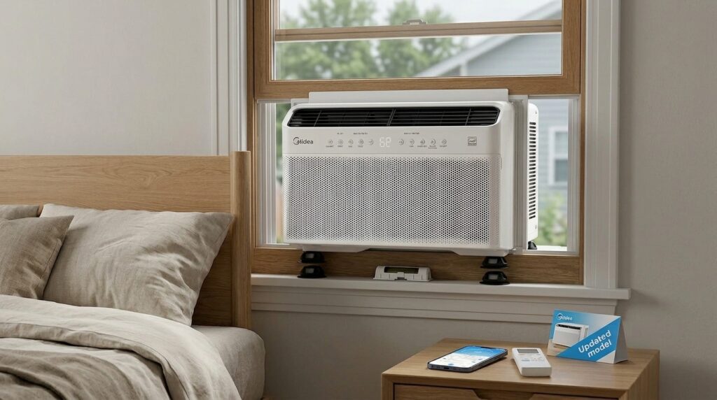 Midea U-Shaped inverter window air conditioner installed in a bedroom window Real-world home test of the Midea U-Shaped inverter window AC installed in a master bedroom window