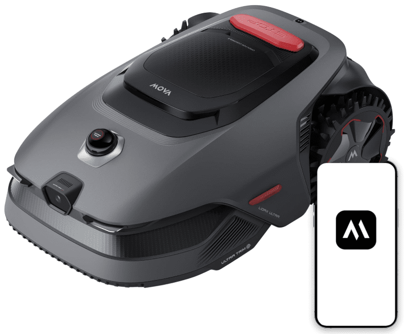 The MOVA LiDAX Ultra 1000 wire-free robotic lawn mower utilizing 3D LiDAR and AI vision on a complex lawn, selected as the top high-tech choice for 2026.