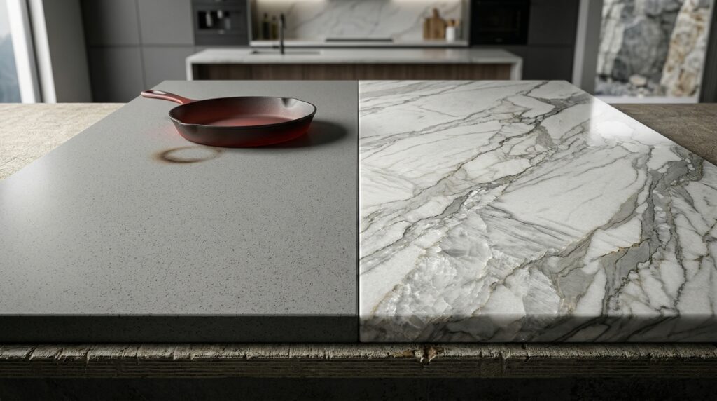 A side-by-side visual comparison of engineered quartz vs. natural quartzite countertops A side-by-side visual comparison of engineered quartz vs. natural quartzite countertops. The gray quartz slab on the left shows a scorch mark from a hot cast-iron skillet, emphasizing its lower heat resistance. The polished natural quartzite slab on the right, with prominent gray veining, remains flawless, demonstrating its extreme durability and heat resistance.