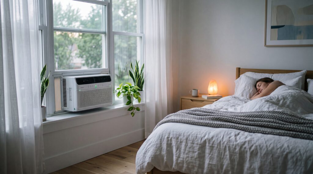Quiet window air conditioner installed in a modern bedroom for a peaceful sleep.