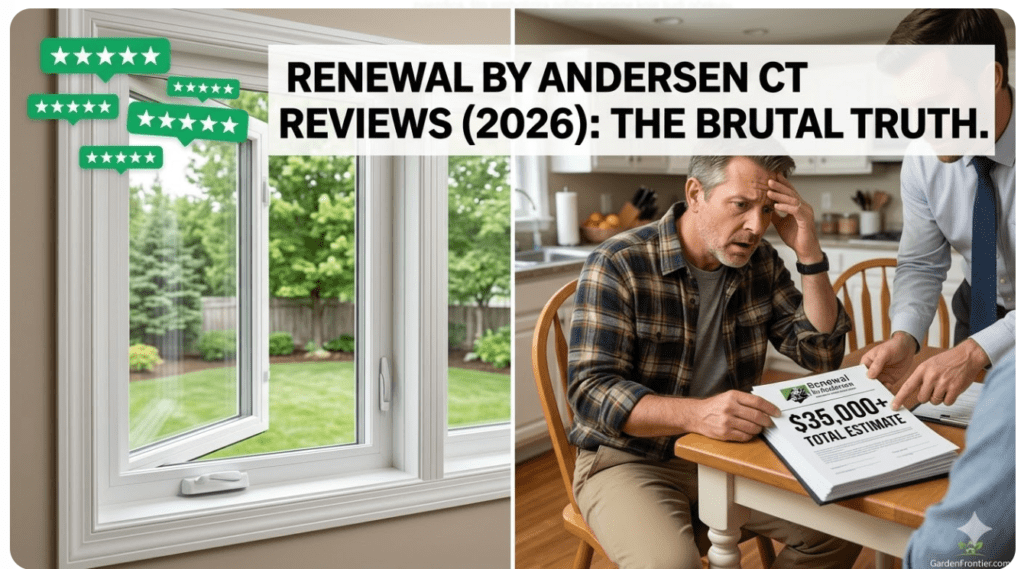 A split-panel photograph contrasting a beautiful, new Renewal by Andersen Fibrex window (left) with green 5-star review icons, and a stressed Connecticut homeowner (right) shocked by a high-pressure sales contract with a $35,000+ quote. Large central text: RENEWAL BY ANDERSEN CT REVIEWS (2026): THE BRUTAL TRUTH.