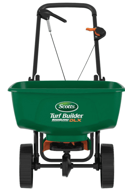 Scotts Turf Builder Classic Drop Spreader designed for precise application of fertilizer and grass seed on narrow lawns, preventing overlap onto flower beds.