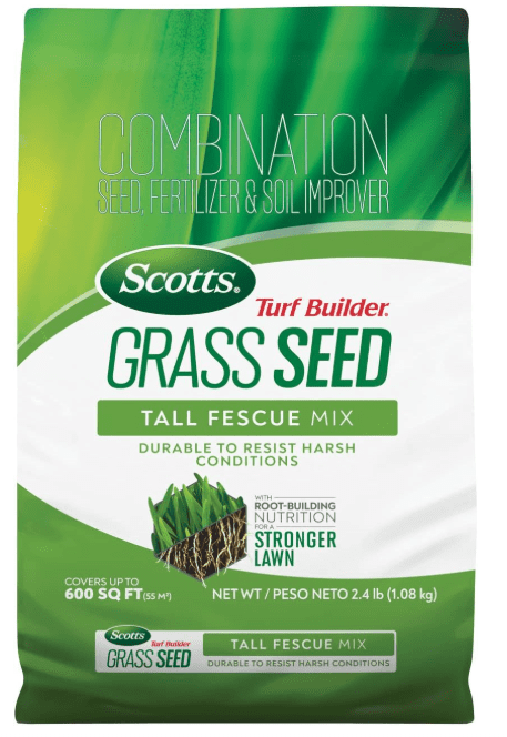 Scotts Turf Builder Tall Fescue Mix bag, a highly heat and drought-resistant grass seed for 2026 spring overseeding.