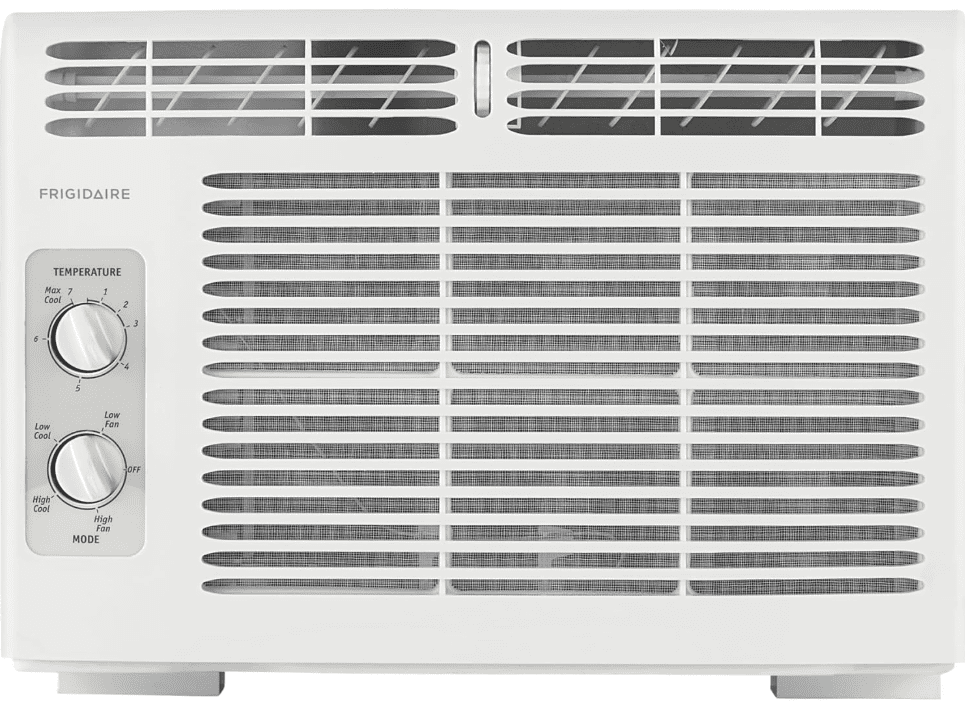 Frigidaire 5,000 BTU small window AC unit with remote control and multi-directional airflow.