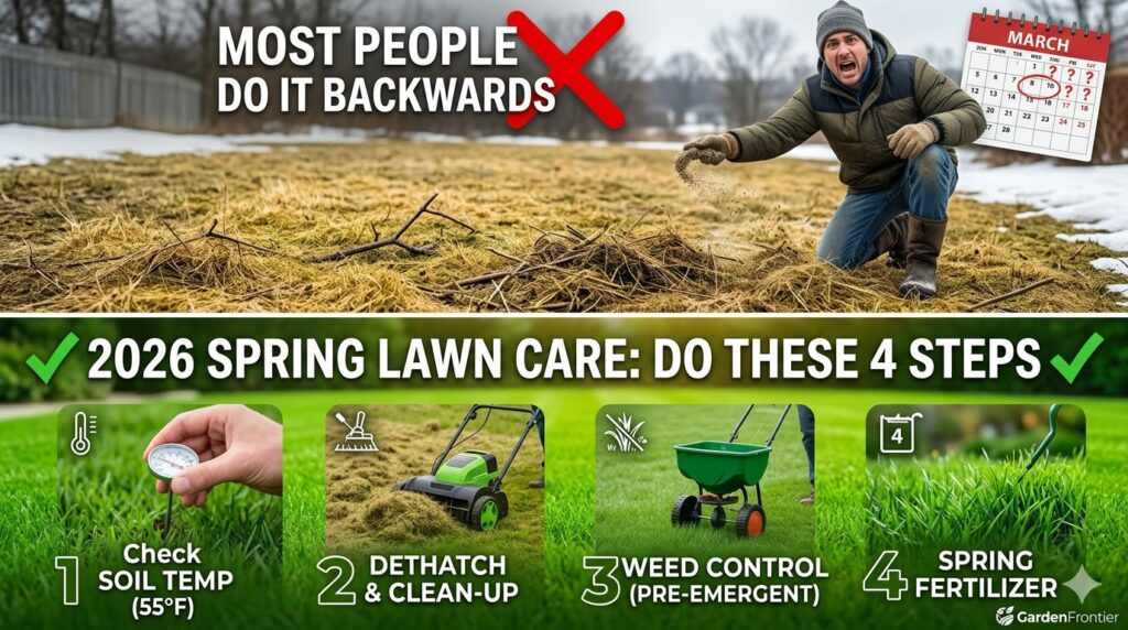 Correct 4-step spring lawn care schedule compared to the wrong way of guessing by the calendar.
