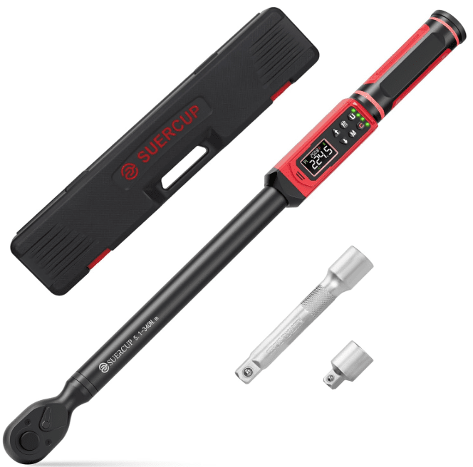 A close-up photograph of the SUERCUP 1/2-Inch Digital Torque Wrench display showing numbers, with buzzer, vibration, and LED alerts active. Chosen as the best overall digital torque wrench in 2026