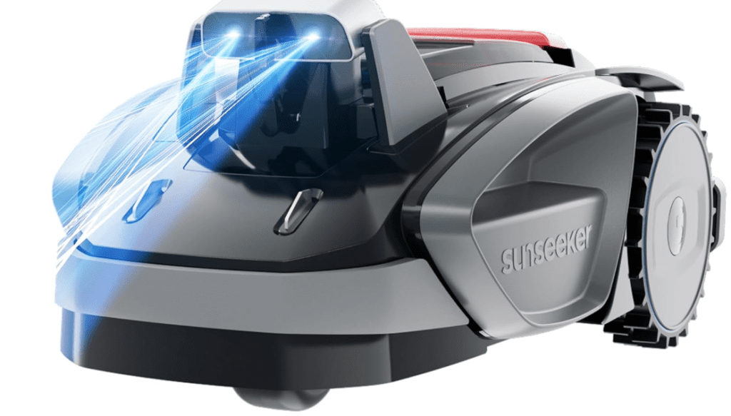 The Sunseeker Automatic robotic lawn mower navigating multiple yard zones, chosen as the top multi-zone convenience pick for 2026.