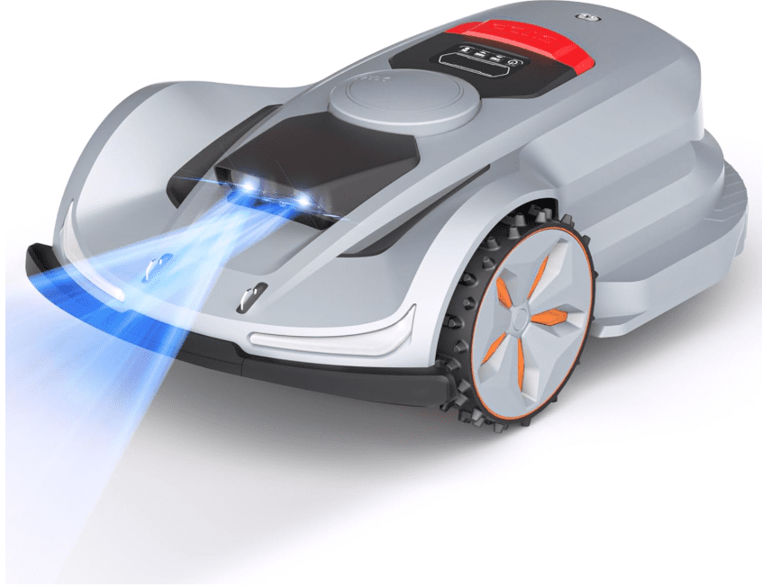 The Sunseeker Orion X7 AWD robotic lawn mower operating on a steep, sloping lawn, chosen as the best mid-range AWD option for hilly yards in 2026.