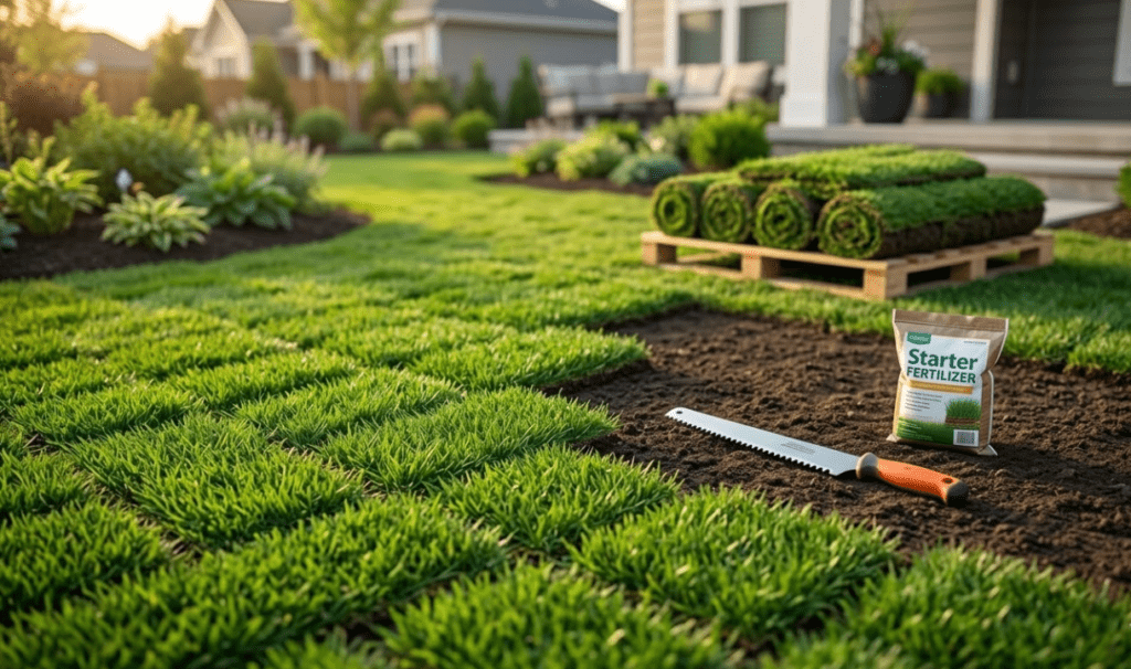 Fresh rolls of tall fescue sod on a wooden pallet ready for installation. A serrated sod knife and starter fertilizer rest on freshly tilled soil in a sunny suburban backyard.