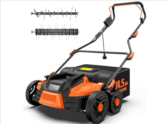 TIECTOWN 16-inch 15.5-amp electric dethatcher with large collection bag, best for heavy thatch removal.