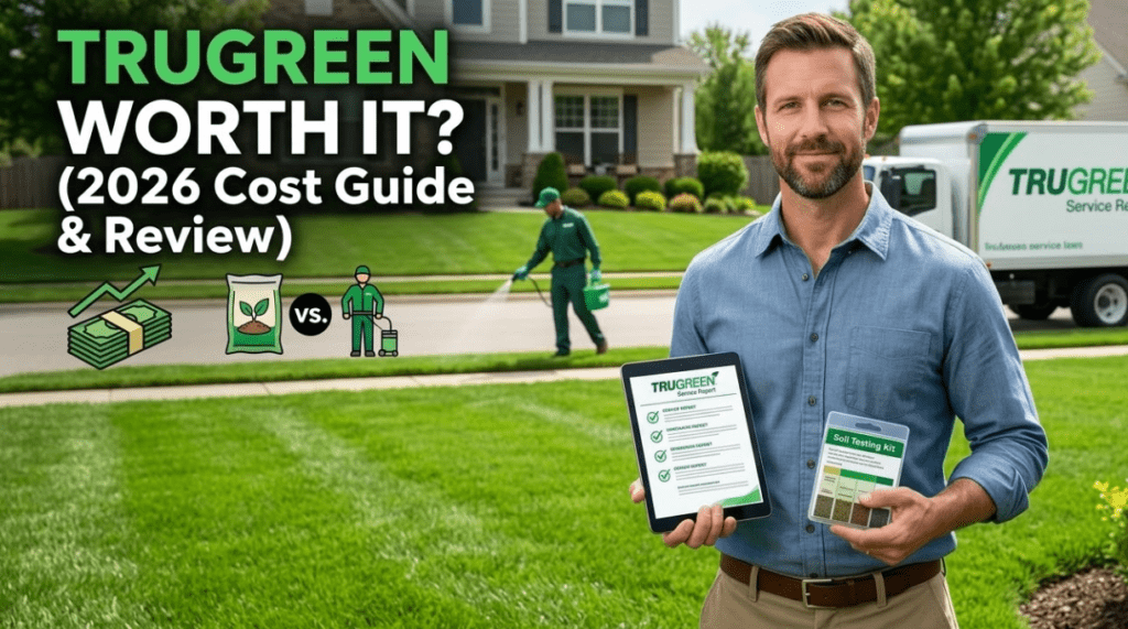 Homeowner holding a TruGreen service report and soil testing kit on a green lawn, wondering if TruGreen lawn care service costs are worth it in 2026