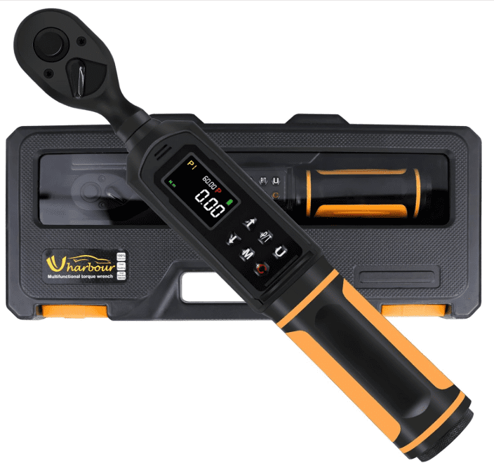 The compact Uharbour 3/8-Inch Digital Torque Wrench being used to tighten a spark plug on a motorcycle engine. Rated best value for engine and delicate work