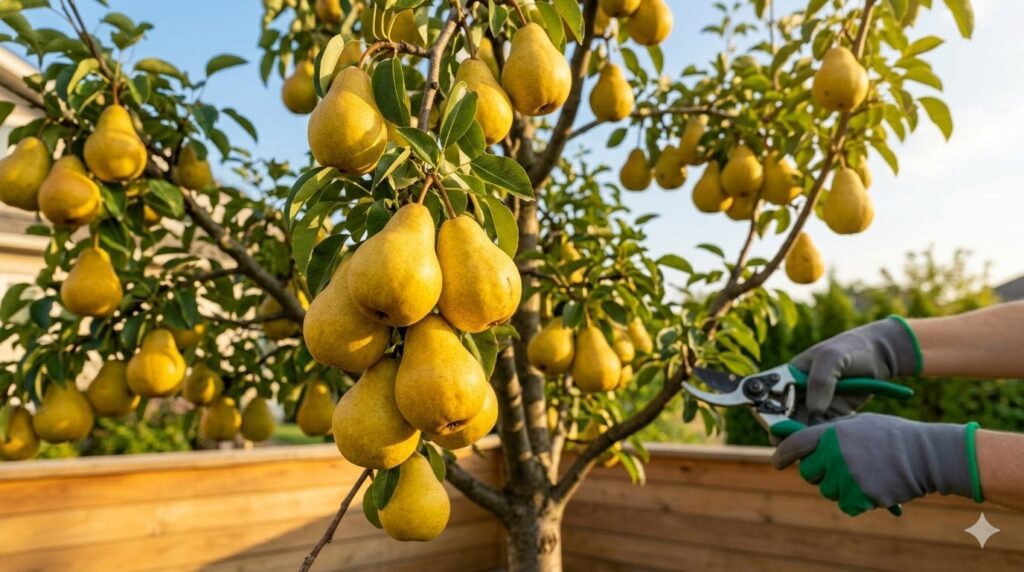 A mature Bartlett pear tree heavily laden with dozens of ripe, golden-yellow pears. A gardener's hand holding professional bypass pruners subtly prunes a lower branch near a wooden baseboard during sunny golden hour in a backyard orchard, illustrating care and pruning.