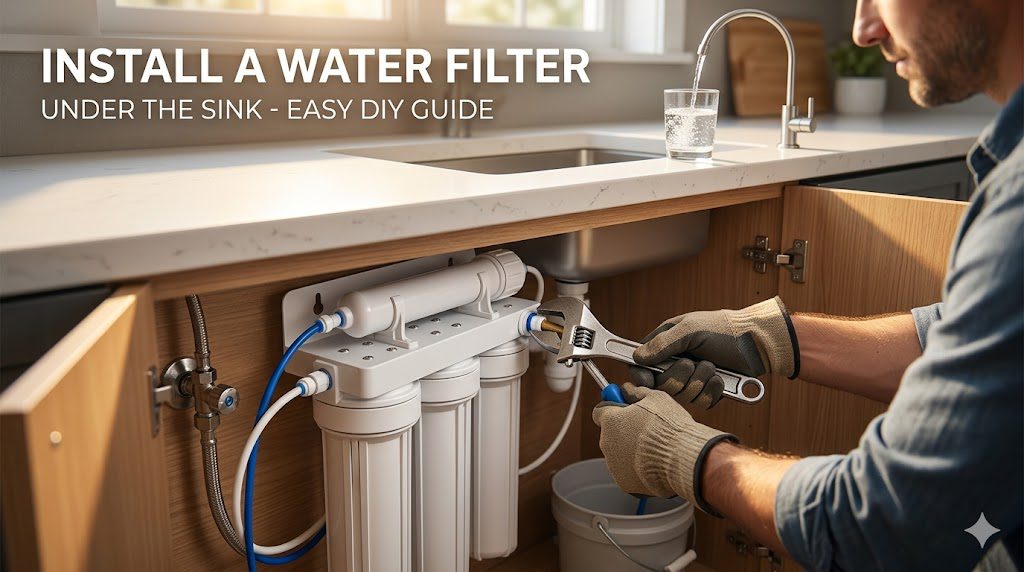 A professional photograph of a man using a wrench to install a water filter system under a modern kitchen sink. Bold white text overlay reads: 'INSTALL A WATER FILTER UNDER THE SINK - EASY DIY GUIDE