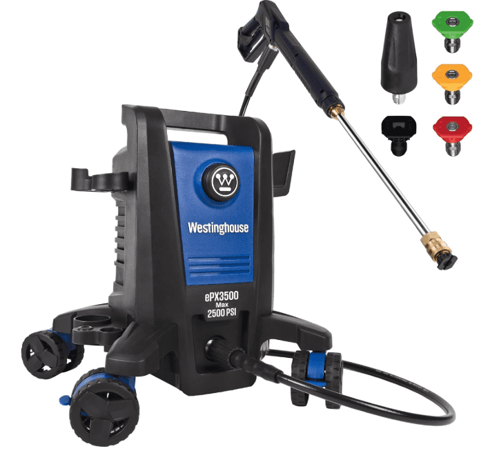 The compact Westinghouse ePX3500 heavy-duty electric pressure washer in action, utilizing its anti-tip base design while cleaning a wooden fence.