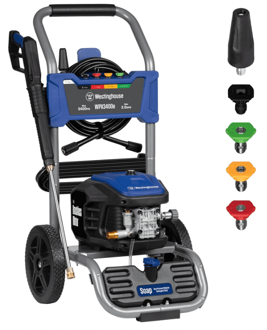 A detailed view of the high-power Westinghouse WPX3400e brushless electric pressure washer, rated at 3400 Max PSI, suitable for removing heavy stains.