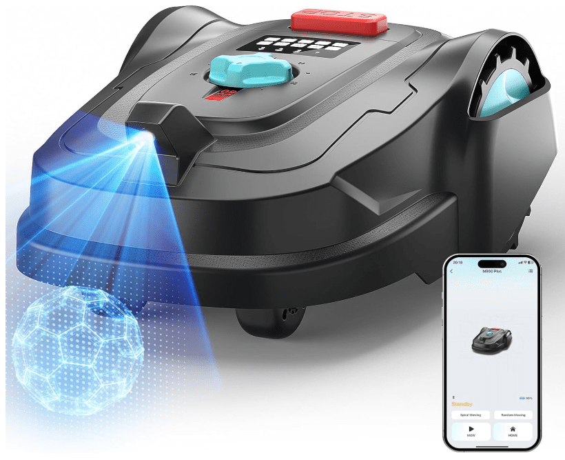 The YARDCARE M800Plus cordless robotic lawn mower utilizing 3D Vision and GPS to navigate a compact suburban yard, selected as a top high-tech choice for 2026.