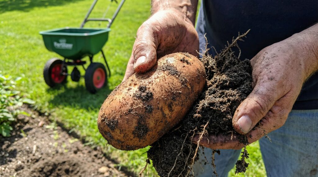A gardener holding a massive, healthy potato harvested from loose sandy loam soil, with a bag of 10-10-20 fertiliser in the background.