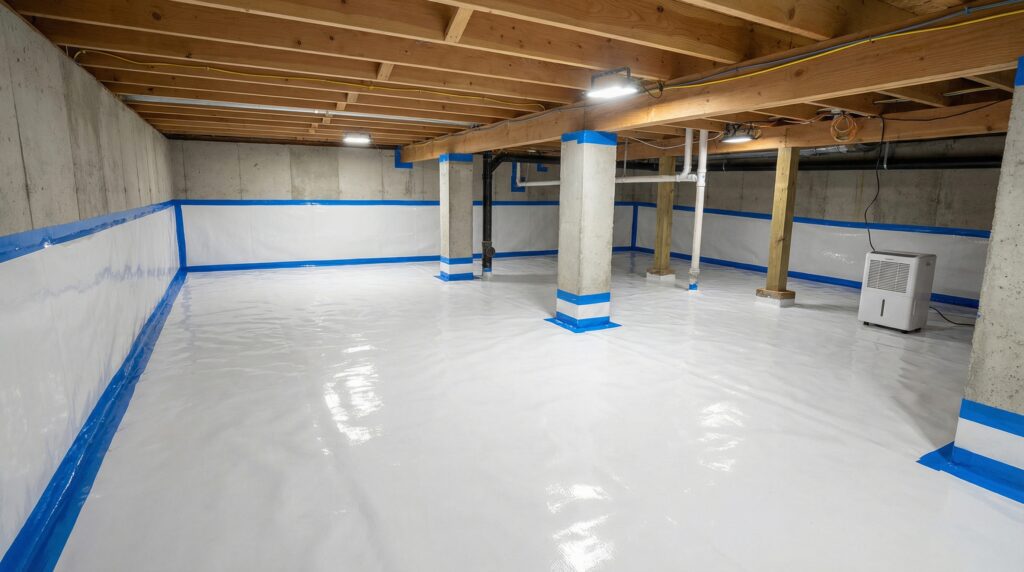 A clean, encapsulated crawl space with a professionally installed 20-mil white vapor barrier on the floor and foundation walls