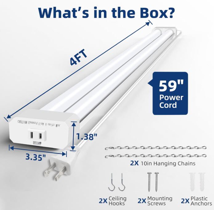 4 Pack 4FT LED Shop Light Linkable, 4400lm, 42w(250w Equivalent), 5000K Utility Shop Lights, Hanging or Flush Mount, with Power Cord and On/Off Switch 4-Foot Linkable LED Shop Light