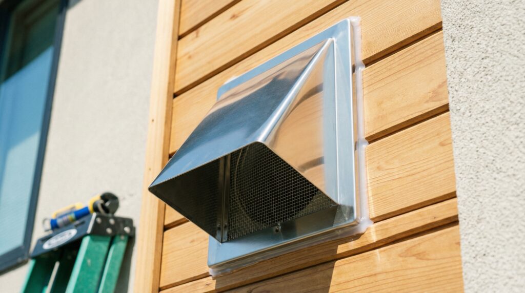 A brand new heavy-duty stainless steel 6 inch exterior wall vent with a damper and pest screen installed on a house siding. A brand new heavy-duty stainless steel 6 inch exterior wall vent with a damper and pest screen installed on a house siding.