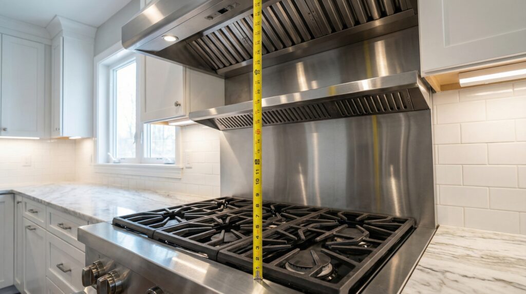 A professional stainless steel gas cooktop and a high-CFM ducted rangehood installed in a modern kitchen, demonstrating the correct minimum distance between them. A professional stainless steel gas cooktop and a high-CFM ducted rangehood installed in a modern kitchen, demonstrating the correct minimum distance between them.