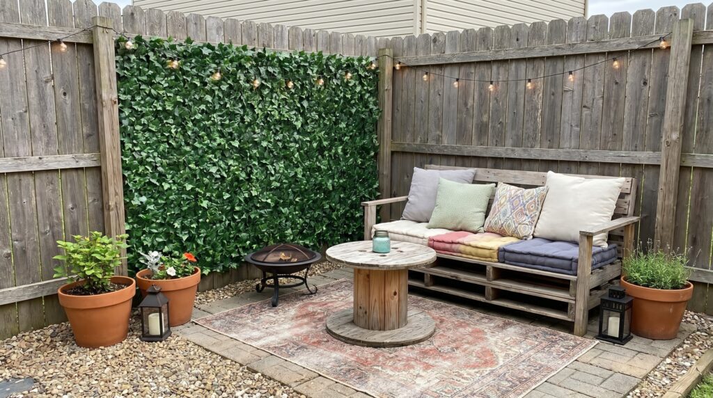 A budget-friendly backyard setup featuring a faux ivy privacy screen attached to an existing fence. A budget-friendly backyard setup featuring a faux ivy privacy screen attached to an existing fence.