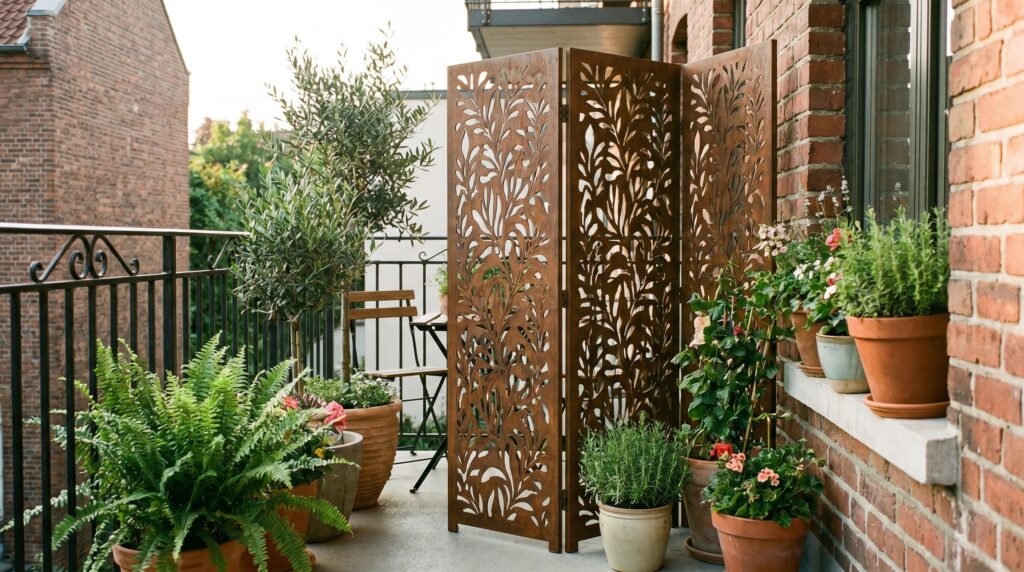 A freestanding folding metal privacy screen on a small apartment balcony with potted plants. A freestanding folding metal privacy screen on a small apartment balcony with potted plants.