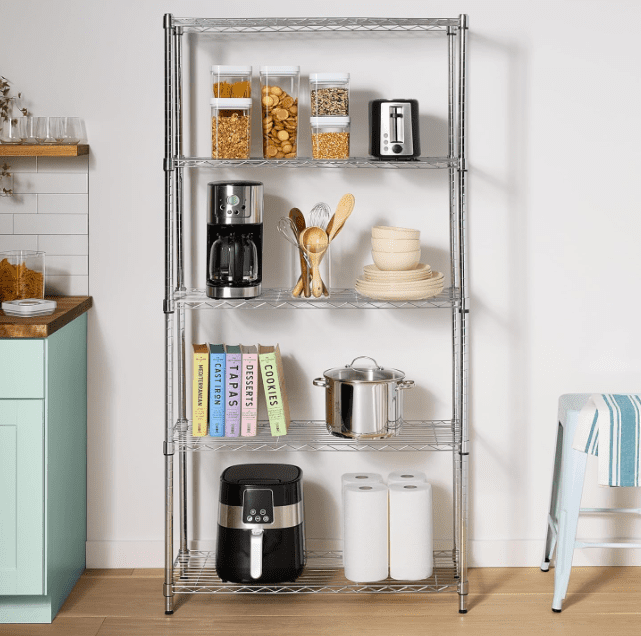 Amazon Basics 5-Shelf Adjustable Heavy Duty Steel Wire Rack, Space Saving Storage Shelving Organizer for Kitchen, Garage, No-Tool Assembly, 350 lbs Weight Capacity, 36" x 14" x 72", Chrome Amazon Basics 5-Shelf Heavy Duty shelving unit