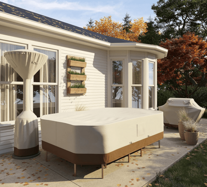 Amazon Basics Outdoor Patio Furniture Cover, Waterproof, UV Resistant, Weather Protection with Secure Straps, Large, Beige/Tan, 110" x 84" Amazon Basics Outdoor Patio Furniture Cover