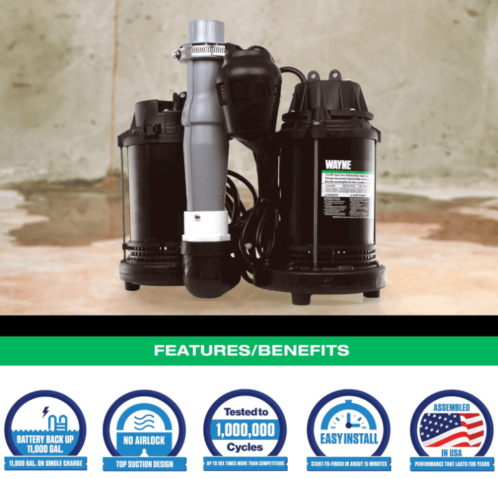 WAYNE - 1/2 HP Sump Pump with Integrated Vertical Float Switch and 12 Volt Battery Back Up Capability, Battery Not Included - Up to 5,100 Gallons Per Hour - Heavy Duty Basement Sump Pump System Battery Backup Systems (Wayne WSS30VN)