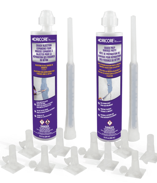 DRICORE PRO Concrete Repair Crack Injection Kit (5’) | Injectable Filler: Repair Cracked Foundations, Walls, Basements, Cement Structures | Waterproof Wet Or Dry Cracks | Expands 15x Its Volume Concrete Repair Crack Injection Kit