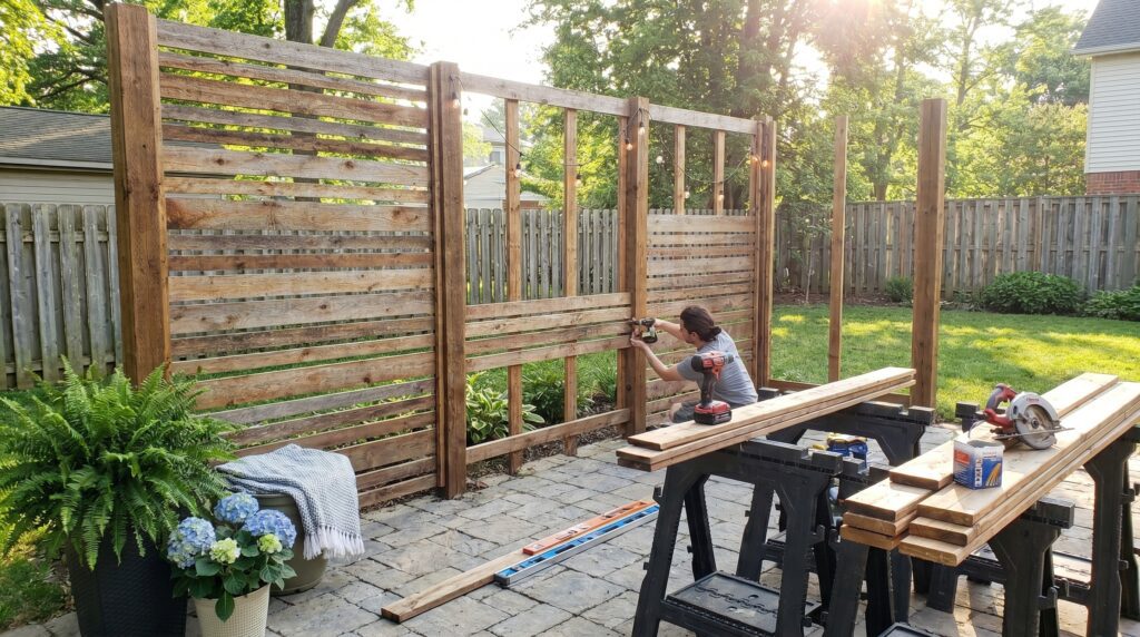 A DIY wood slat outdoor privacy screen being installed on a backyard patio. A DIY wood slat outdoor privacy screen being installed on a backyard patio.