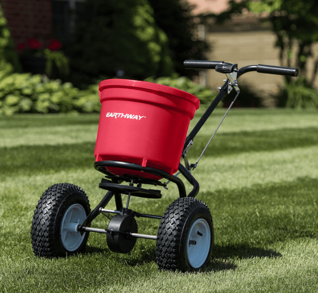 EarthWay 2150 Commercial 50 LB Broadcast Fertilizer Spreader. Heavy-Duty Walk-Behind Push Garden Seeder with Adjustable Drop Rate and Driving Handle EarthWay 2150 Commercial 50 LB Broadcast Fertilizer Spreader. Heavy-Duty Walk-Behind Push Garden Seeder with Adjustable Drop Rate and Driving Handle