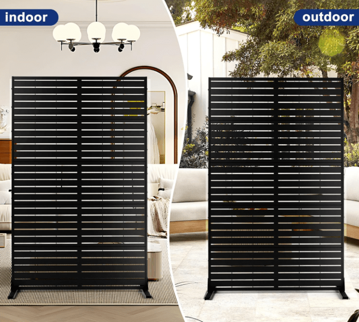 FENCY Metal Privacy Screen with Stand 72" H×44" W Outdoor Freestanding Privacy Panels, Outdoor Privacy Screen for Deck Patio Balcony(Black-Louvered) FENCY Metal Privacy Screen