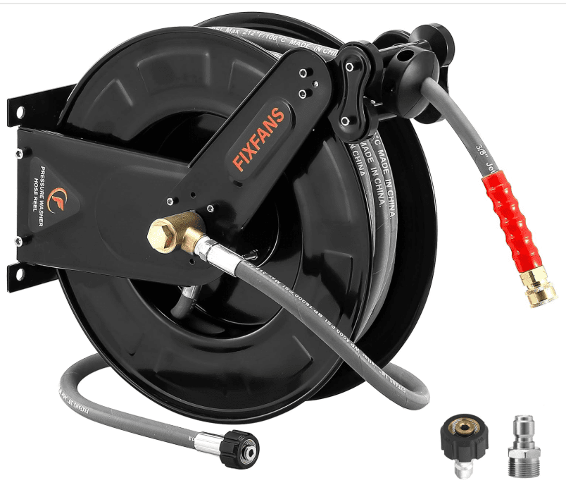 FIXFANS Pressure Washer Hose Reel with Hose for Hot and Cold Water, 3/8" X 50 FT Steel Auto-Retractable High Power Wash Hose Reel, Heavy Duty Hose Reel FIXFANS Pressure Washer Hose Reel with Hose for Hot and Cold Water,