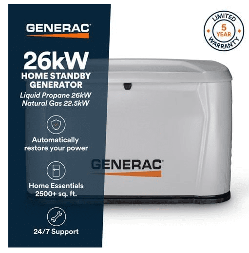 Generac 26kW Home Standby Generator for home use with 200 amp transfer switch, built-in cellular connectivity, whole house generator for power backup Generac 26kW Home Standby Generator for home use with 200 amp transfer switch, built-in cellular connectivity, whole house generator for power backup