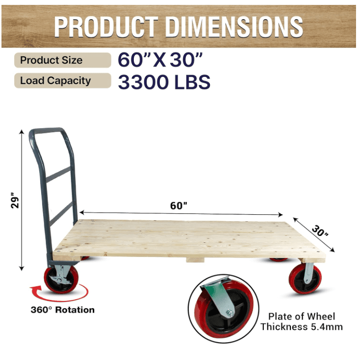 Heavy Duty 3300LB Hardwood Flatbed Platform Cart – 60” x 30” Industrial Dolly Hand Push Truck, 8'' Swivel Locking Wheels – Super Heavy Duty Commercial Moving Heavy Duty 4-Wheel Dollie