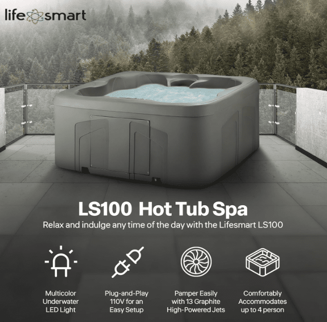 LifeSmart 4-Person Plug & Play Square Hot Tub with Thermal Cover, Taupe - Home Outdoor Backyard Spa with 13 Jets, 1.0 HP Pump, and Underwater LED Light LifeSmart 4-Person Plug & Play Square Hot Tub